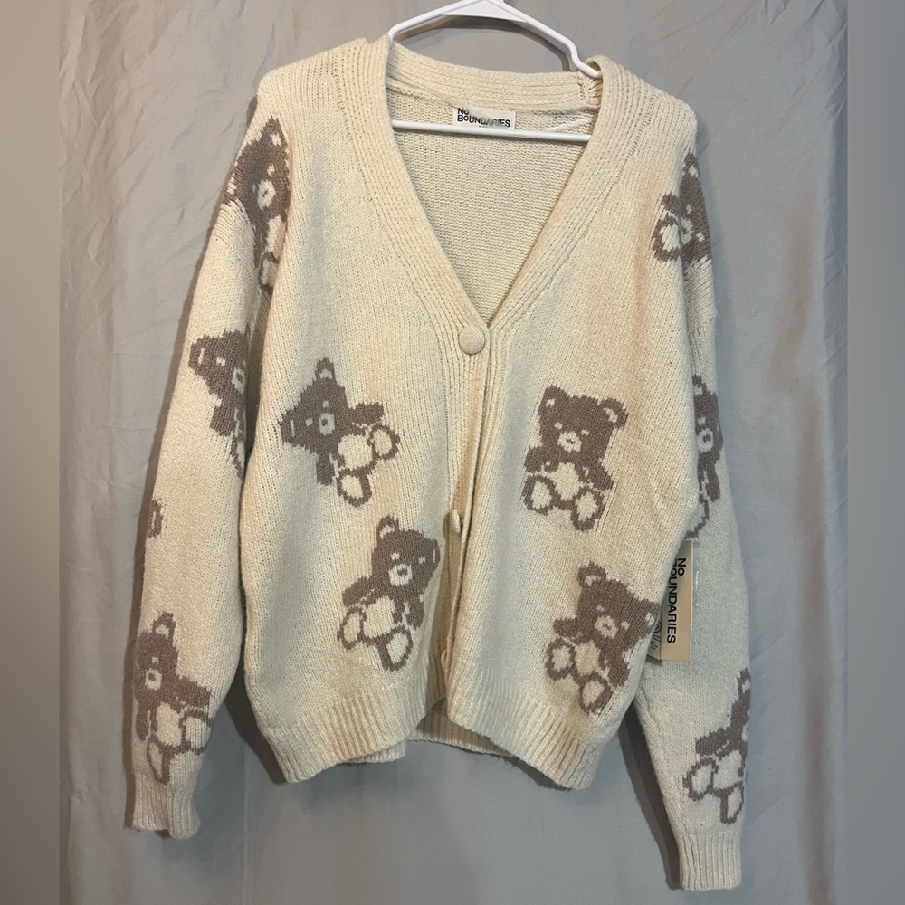 No Boundaries Cream and Brown Bear Cardigan Women’s Oversized XS fits medium - Picture 2 of 7